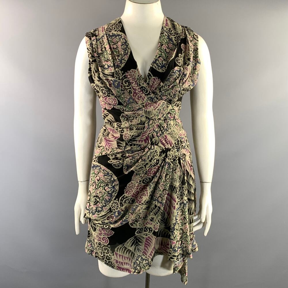 IRO Size 10 Black Beige Silk Abstract Draped Knee Length Cocktail Dress